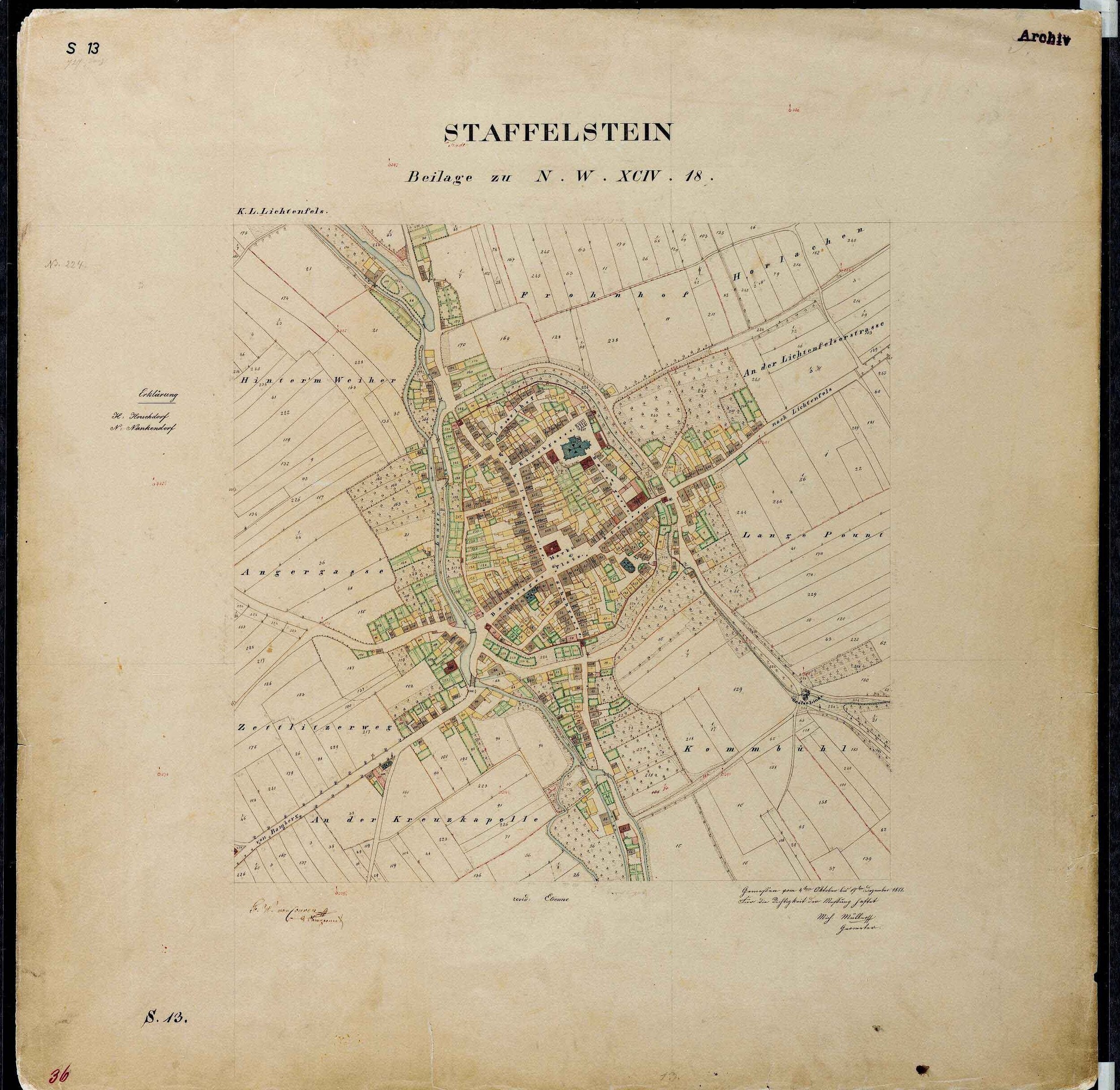 Detailiertes altes Stadtplan von Staffelstein, Deutschland, mit Straßen, Gebäuden und Sehenswürdigkeiten auf schwarzem Hintergrund.