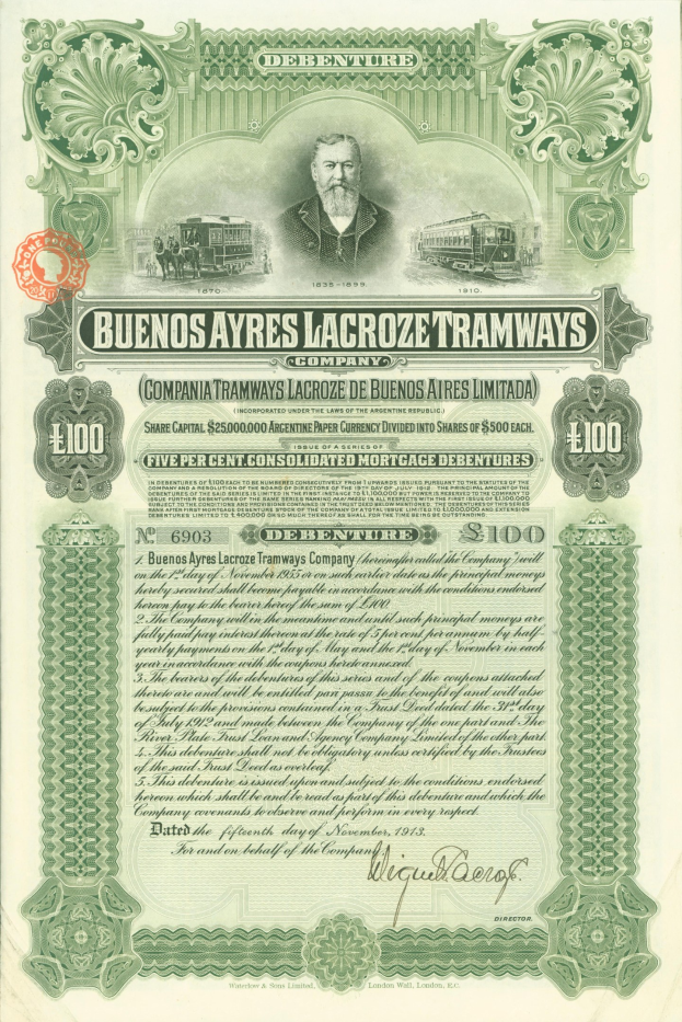 Altes Aktienzertifikat für die Buenos Ayres Lacroze Tramways Company mit einem Mann im Anzug mit ernster Miene.