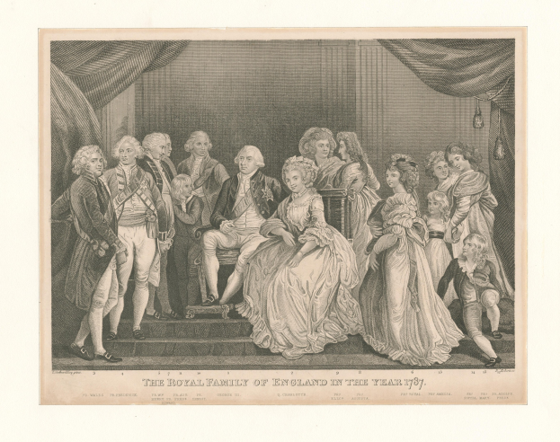 Eine Gruppe von Menschen aus der britischen Königsfamilie im Jahr 1787, die auf einer Treppe stehen und sitzen, mit Vorhängen im Hintergrund, begleitet von Text am unteren Rand.