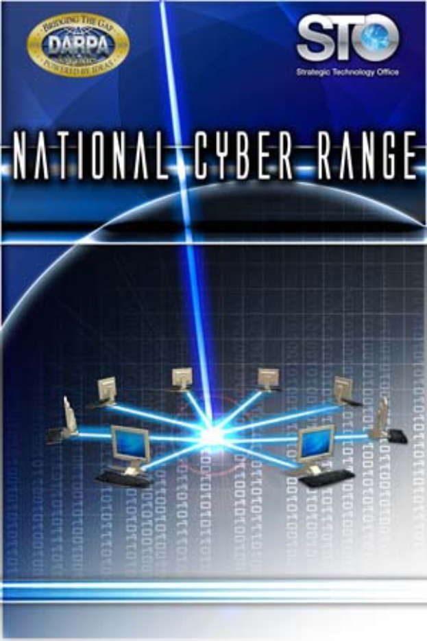 Ein Plakat mit 'National Cyber Range' in fetter weißer Schrift auf einem blauen Hintergrund, das eine Weltkugel mit mehreren angeschlossenen Computern zeigt.