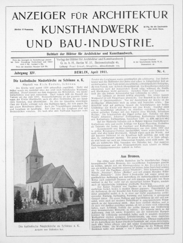 Eine alte Zeitung mit einem Frontseitenbild einer Kirche umgeben von Bäumen und begleitendem Text.