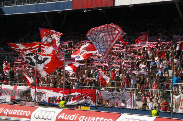 Eine große Menschenmenge in einem Stadion, einige halten Fahnen und Schilder, mit einem Metallzaun, einem Schild, einem Anzeigebildschirm und einer Decke mit Leuchten.
