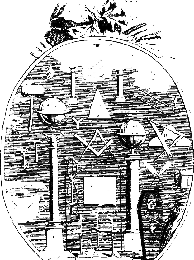 Schwarzes und weißes Drawing eines masonsichen Symbols in einem ovalen Rahmen, umgeben von Säulen und anderen Gegenständen, mit Text, der unten 'Masonsiches Symbol' liest.