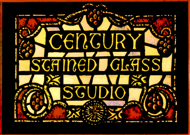 Ein Plakat mit 'Jahrhundert-Glasmalerei-Atelier' in fetter schwarzer moderner Schrift vor einem weißen Hintergrund, umgeben von einem dekorativen Rahmen, mit einem nostalgischen Feeling und gedämpften Farben von Blauen, Grünen und Gelben.