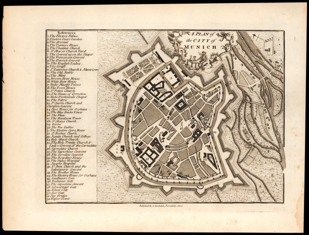 Detailiertes altes Stadtplan von München, Deutschland, auf einem schwarzen Hintergrund, der Straßen, Gebäude und Sehenswürdigkeiten mit Textbeschriftungen zeigt.