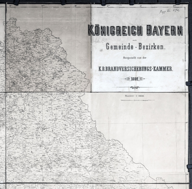 Schwarze und weiße historische Karte von Königreich Bayern, Deutschland, zeigt geografische Merkmale und Textanmerkungen.