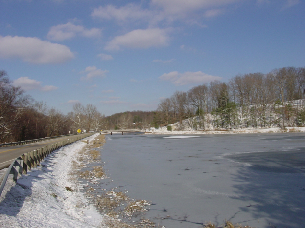 Eine schneebedeckte Straße mit Geländern auf beiden Seiten, Bäumen im Hintergrund, einem bewölkten Himmel und einem teilweise gefrorenen Gewässer in der Vorderansicht.