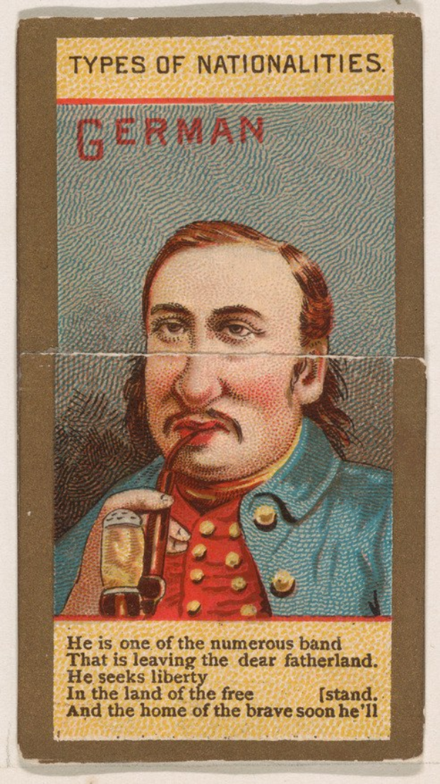 Plakat eines Mannes in deutscher Militäruniform mit einem Glas Bier in der Hand, mit dem Text "Deutscher".