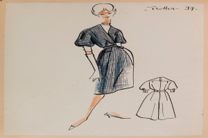 Eine Zeichnung einer Frau in einem Kleid im Stil der 1960er Jahre mit einem Kragen, langen Ärmeln und einemrock mit dem Text "1960er Jahre" darauf.