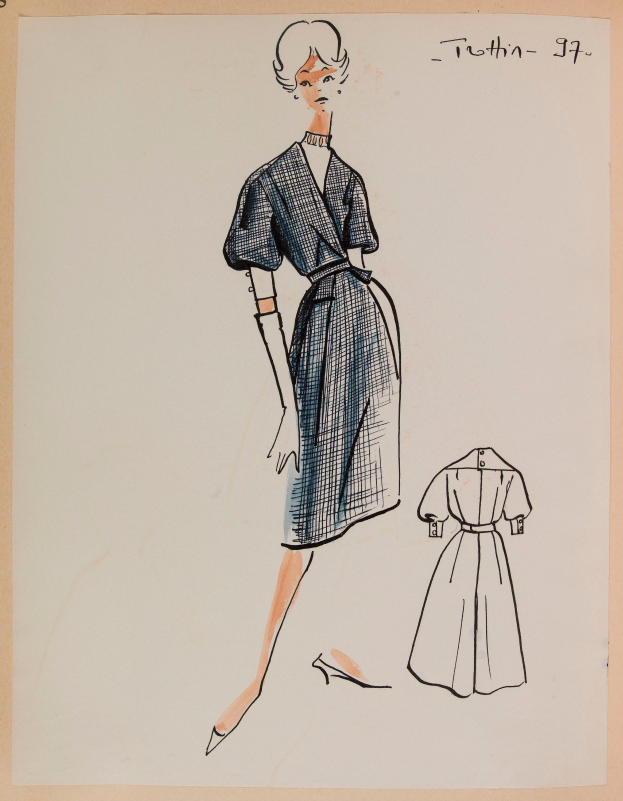 Eine Zeichnung einer Frau in einem Kleid im Stil der 1960er Jahre mit einem Kragen, langen Ärmeln und einemrock mit dem Text "1960er Jahre" darauf.