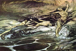 Gemälde namens "Die Meerjungfrauen" von Arthur Rackham zeigt eine Meerjungfrau in einem langen dunklen Kleid und eine Frau in einem smaragdgrünen Kleid, die in tiefblauen Ozeanwellen unter einer untergehenden Sonne treiben.