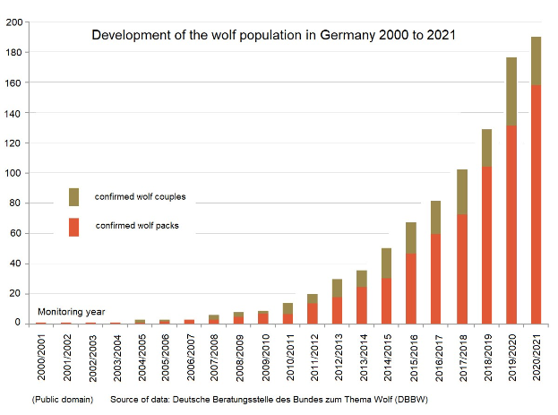 Liniengraph, der den Anstieg der Wolfpopulation in Deutschland von 2000 bis 2021 zeigt, mit begleitendem erklärendem Text.