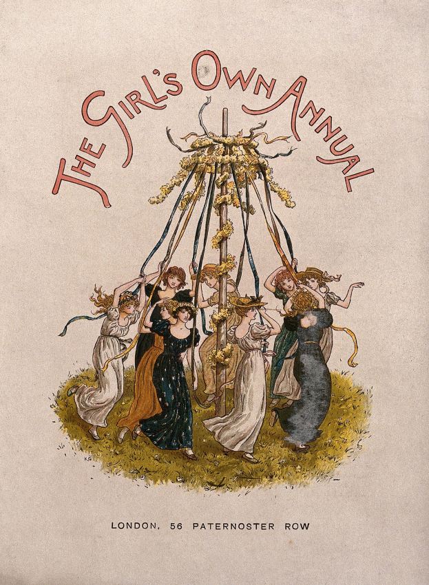 Eine Schwarz-Weiß-Illustration aus 'The Girl's Own Annual', die Kinder in bunten Kleidern beim Tanzen um einen geschmückten Maibaum zeigt.