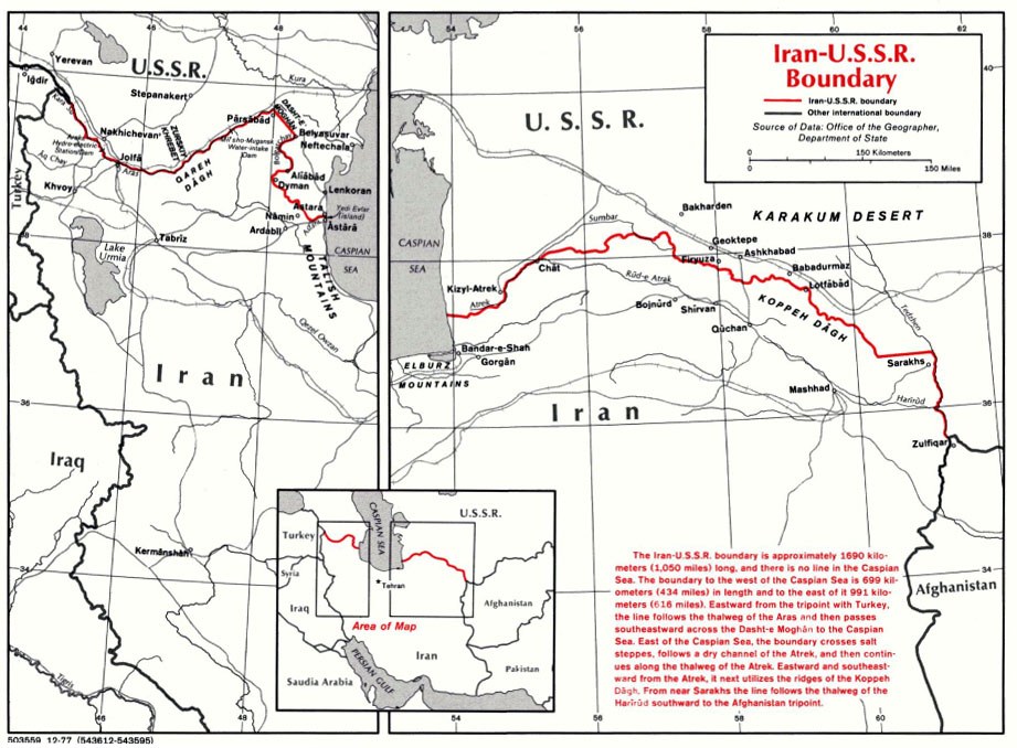 Detailierte Landkartenposter der iranisch-sowjetischen Grenze, die Länder, Grenzen, geografische Merkmale und zusätzlichen Textinformationen zeigt.