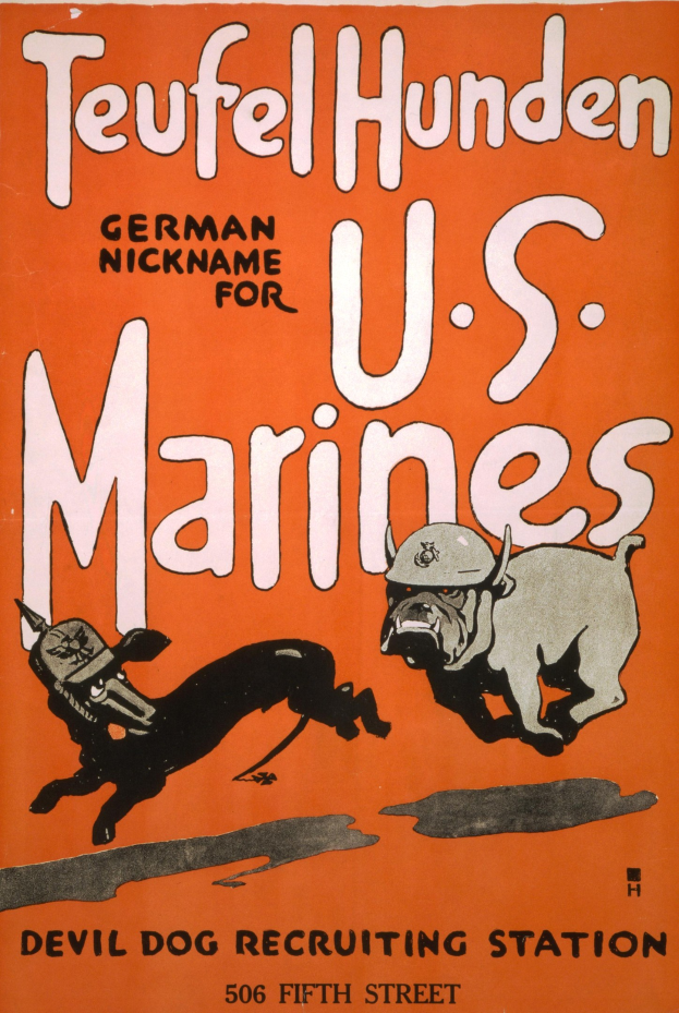 Oranges Plakat mit "Teufelhunden für U.S. Marines - Devil Dog Recruiting Station"-Text und zwei Hundebildern.