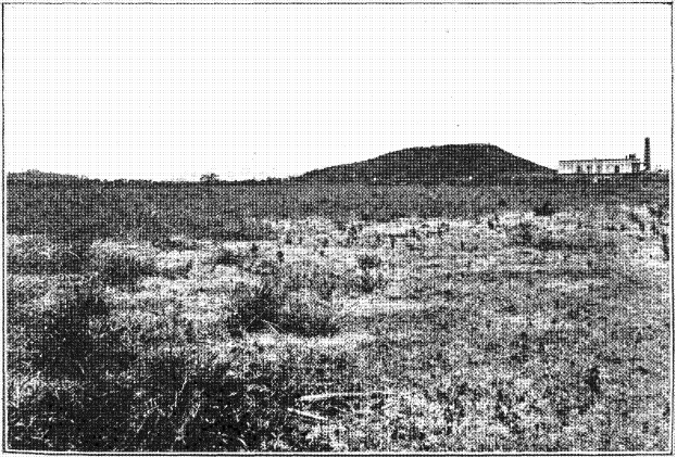 Schwarz-weißes Foto eines Feldes mit einem Hügel im Hintergrund, einem Gebäude auf der rechten Seite und einem Himmel oben, mit Text unten, der 'New York State Penitentiary' lautet.