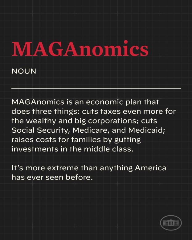 Plakat mit fettem schwarzem Text auf einem weißen Hintergrund, eingerahmt von einem schmalen schwarzen Rand, das "Maganomics: Ein Wirtschaftsplan, der drei Dinge tut: Senkt Steuern noch mehr für Wohlhabende und große Unternehmen."