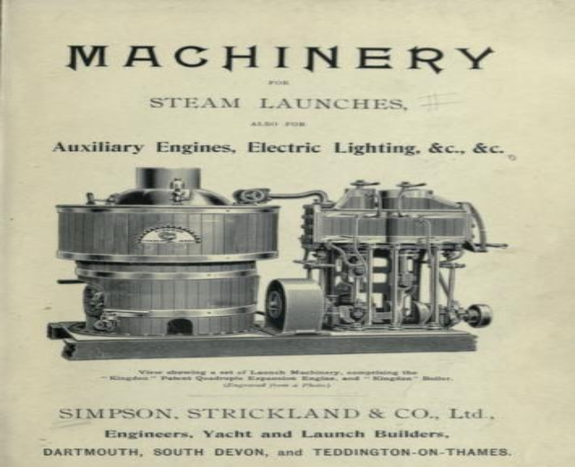 Eine detaillierte Abbildung einer Dampfmaschine auf dem Cover eines alten Buches mit dem Titel "Maschinen für Dampfschiffe, auch für Hilfsmaschinen, Elektrobeleuchtung & C".