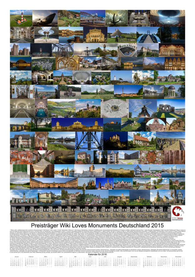 Ein 2015er Kalender mit einer Collage deutscher Denkmäler und der Aufschrift "Preisträger Wiki Loves Monuments Deutschland 2015".