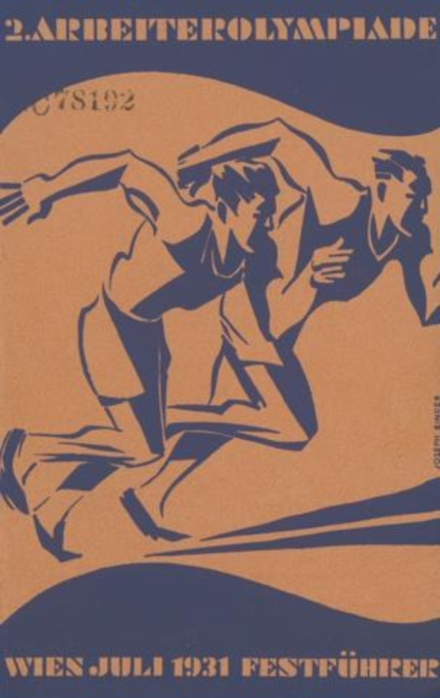 Plakat für die Olympischen Spiele 1932 in Berlin mit zwei Läufern im Vordergrund und Text im Hintergrund.