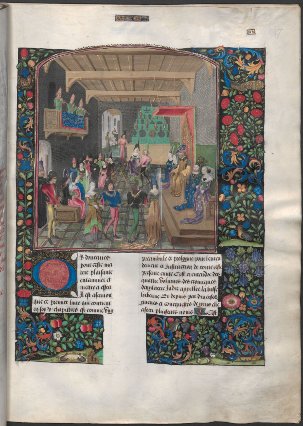 Eine offene illuminierte mittelalterliche Manuskriptseite mit leuchtenden Farben, detaillierten Verzierungen und einer lebendigen Szene verschiedener Menschen in einem Gespräch, mit einer schönen Schrift.