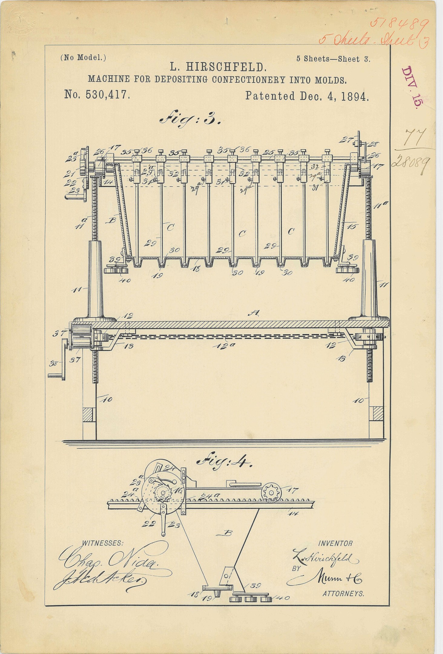 Ein Patententwurf von 1894 für eine Maschine zum Befüllen von Formen mit Süßwaren, begleitet von beschreibendem Text und numerischen Angaben.