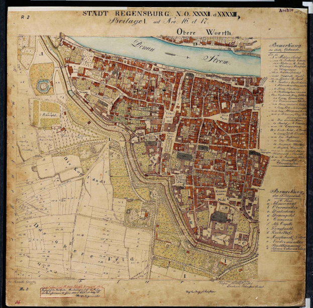 Detailierte alte Stadtplan von Regensburg, Deutschland, gerahmt und mit Straßen, Gebäuden und anderen Merkmalen.
