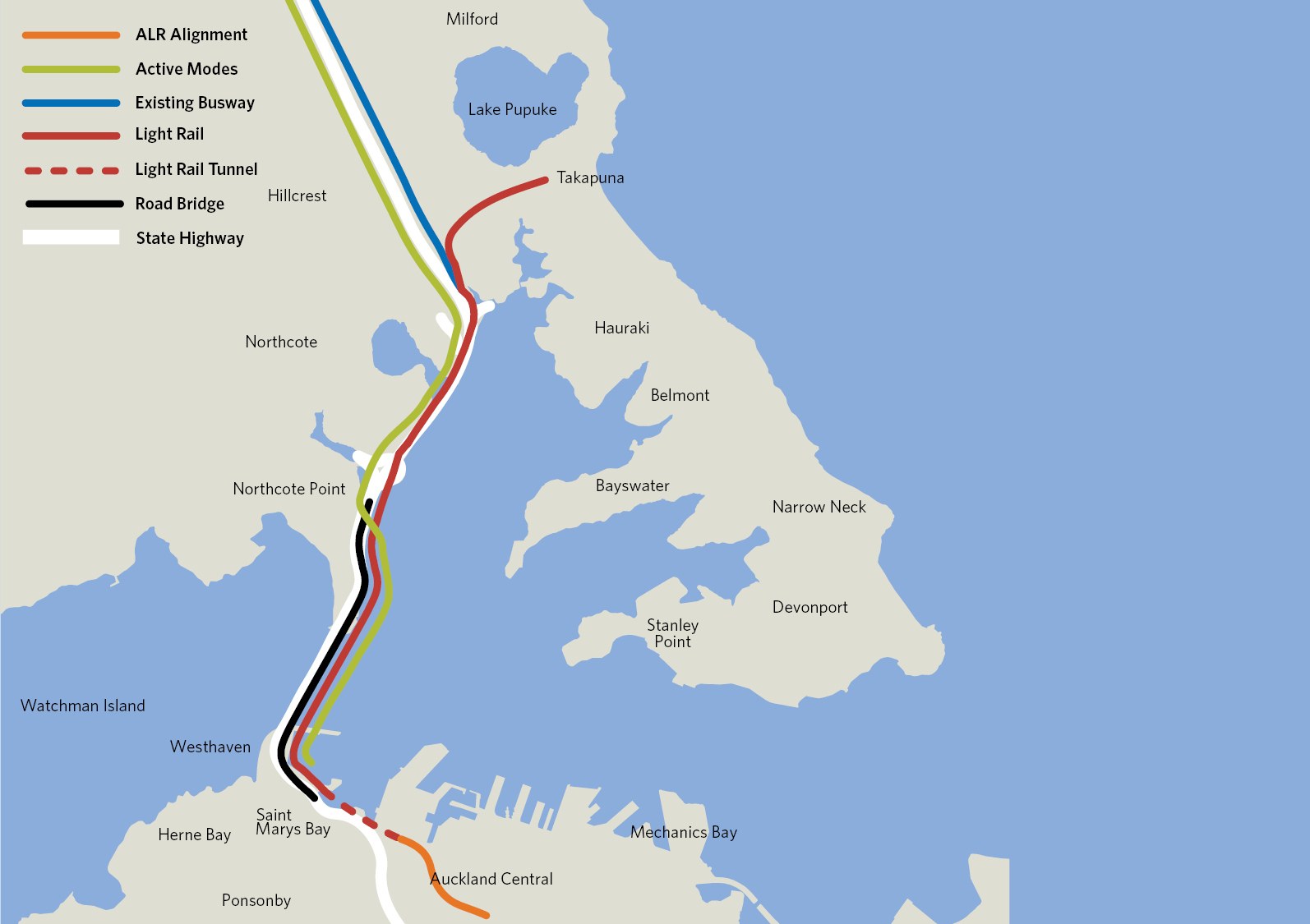 Eine detaillierte Stadtkarte mit einer roten Linie, die die vorgeschlagene Bahnroute markiert, einschließlich beschrifteter Haltestellen und umgebender Gebiete.