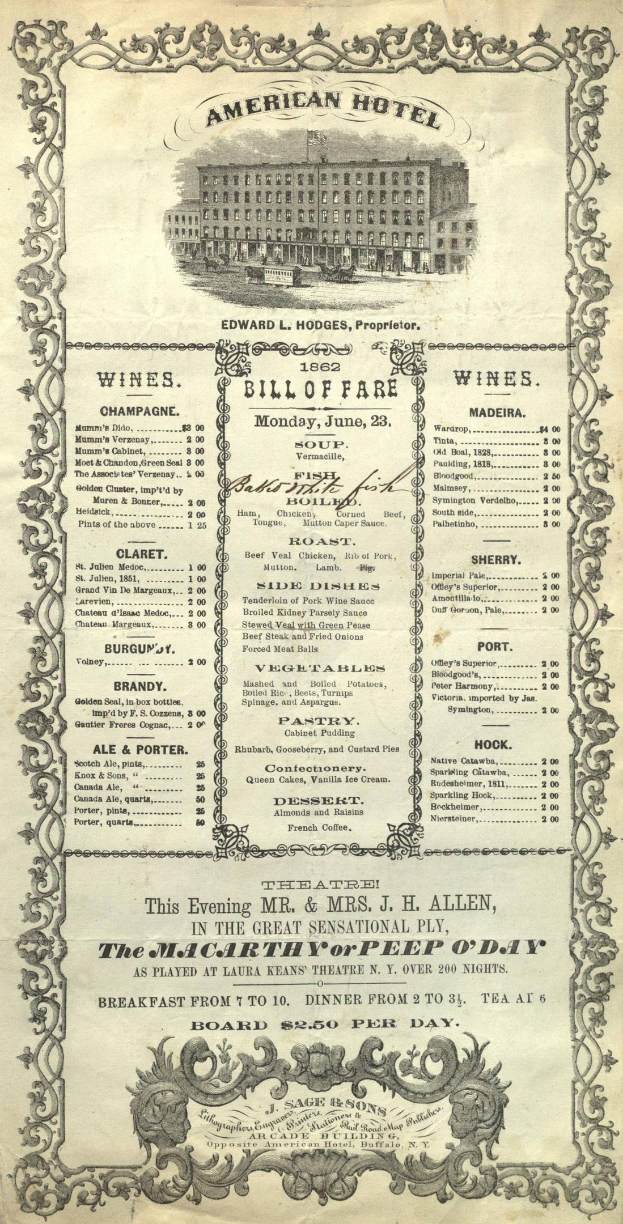Altes Buch mit dem Titel 'American Hotel Bill of Fare von 1862' mit einer Abbildung eines Gebäudes auf dem Cover, das detaillierte Texte der Restaurantangebote enthält.