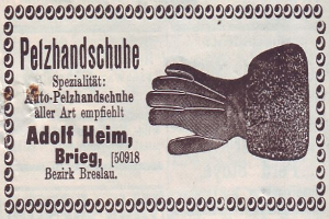 Alte deutsche Visitenkarte mit einer Illustration von Handschuhen und gedrucktem Text.