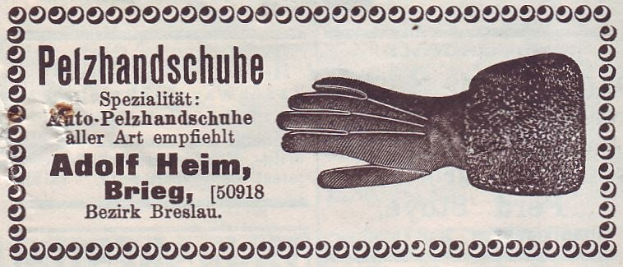 Alte deutsche Visitenkarte mit einer Illustration von Handschuhen und gedrucktem Text.