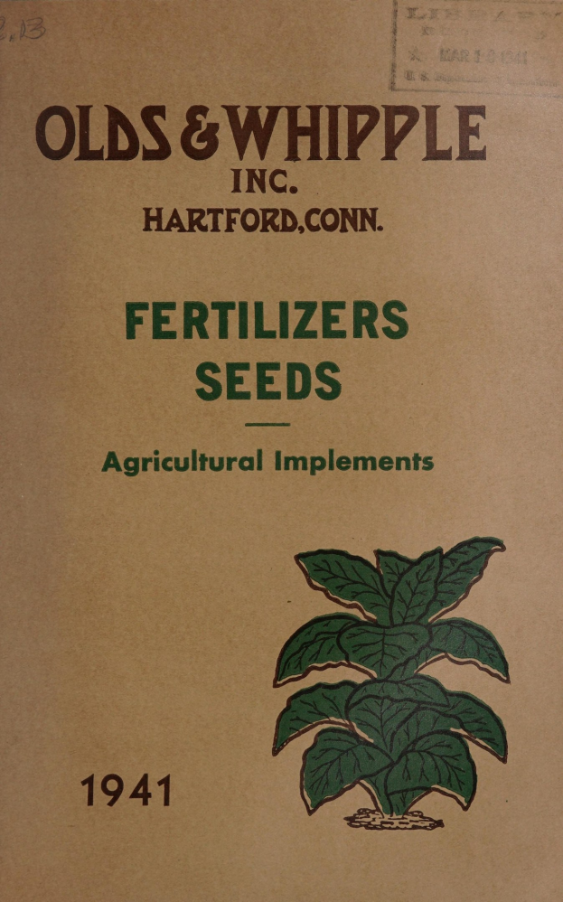 Alter Buchumschlag mit der Aufschrift "Düngemittel Samen Landwirtschaftliche Geräte 1941" mit einer Illustration einer grünen Pflanze mit Blättern und Stielen, eingerahmt von Weiß.