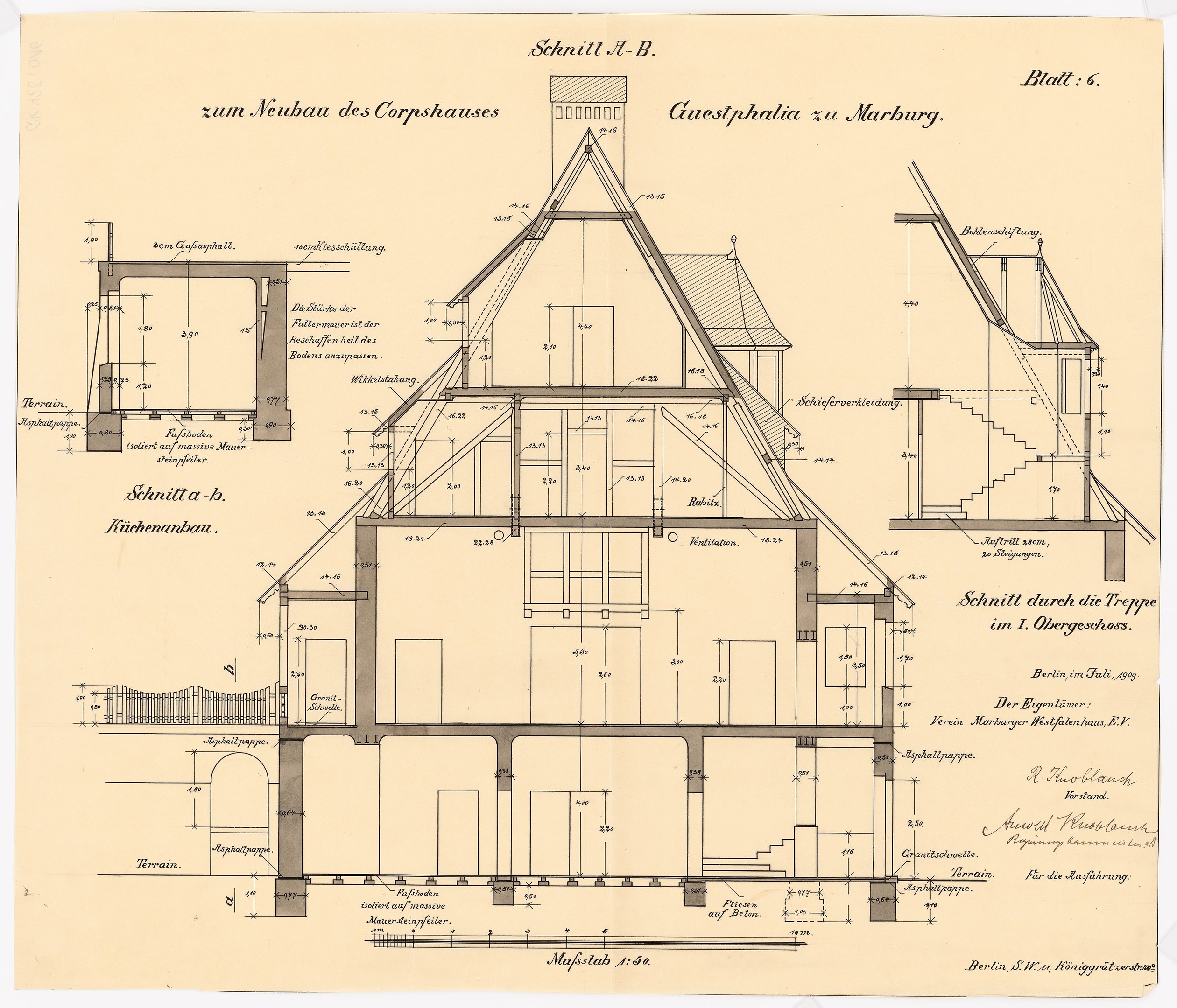 Ein detailliertes architektonisches Zeichnung eines Hauses mit zahlreichen Fenstern und einem Dach, identifiziert als das erste Haus in Deutschland, begleitet von strukturellen Plänen und Text auf Papier.