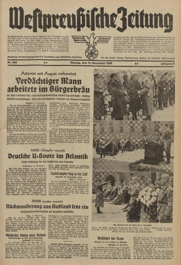 Alte deutsche Zeitungsvorderseite vom 13. November 1939 mit der Schlagzeile "Weitpreubliche Zeitung", die eine Gruppe von Menschen in traditioneller deutscher Kleidung in einer feierlichen Umgebung zeigt.
