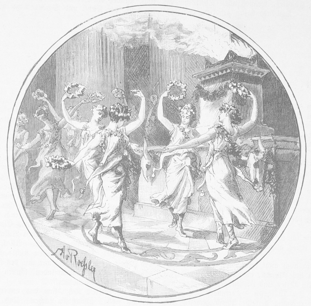 Schwarz-weiß-Zeichnung von Frauen in bunten Kleidern, die mit erhobenen Armen tanzen, vor einem hohen Gebäude mit einem großen Torbogen.