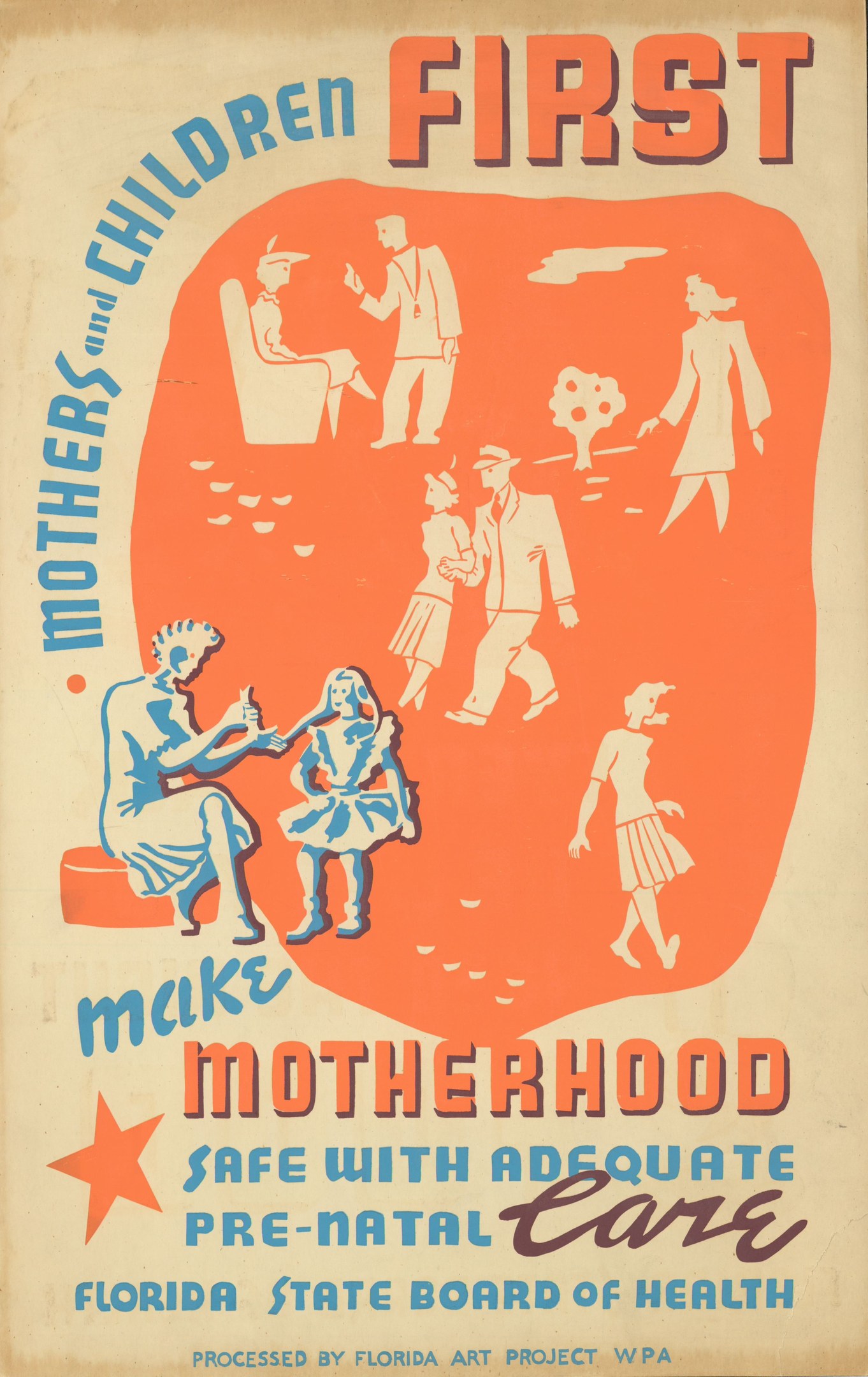 Plakat mit fettem weißen Text "Machen Sie die Mutterschaft mit ausreichender Vorgeburtspflege sicher" auf einem hellblauen Hintergrund, das verschiedene lachende Menschen unterschiedlichen Alters, Geschlechts und Ethnien zeigt.