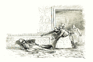 Eine Schwarz-Weiß-Zeichnung eines Mannes, der neben einer Frau auf dem Boden liegt, mit einer Wand und einer Tür im Hintergrund, betitelt mit "Victor Hugo Münster - Die Ermordung der Königin."