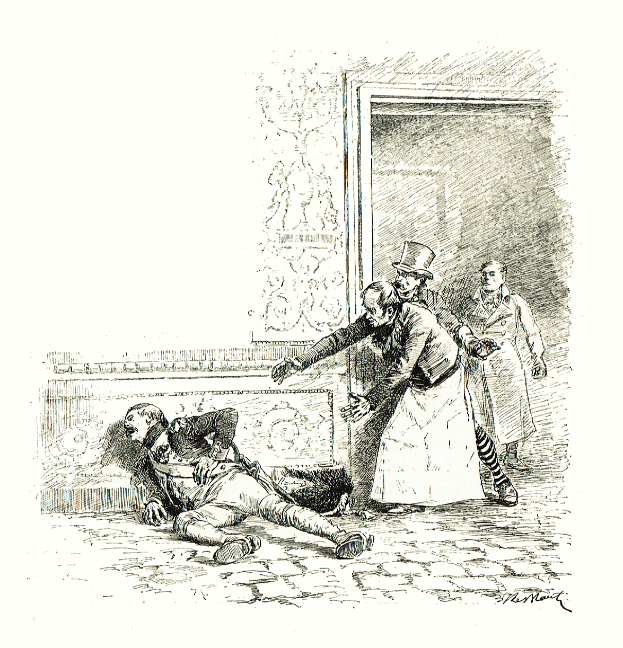 Eine Schwarz-Weiß-Zeichnung eines Mannes, der neben einer Frau auf dem Boden liegt, mit einer Wand und einer Tür im Hintergrund, betitelt mit "Victor Hugo Münster - Die Ermordung der Königin."