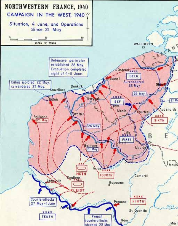 Plakat, das eine detaillierte Karte von Nordfrankreich während des Westfeldzugs 1940 zeigt, mit Text und numerischen Daten annotiert.