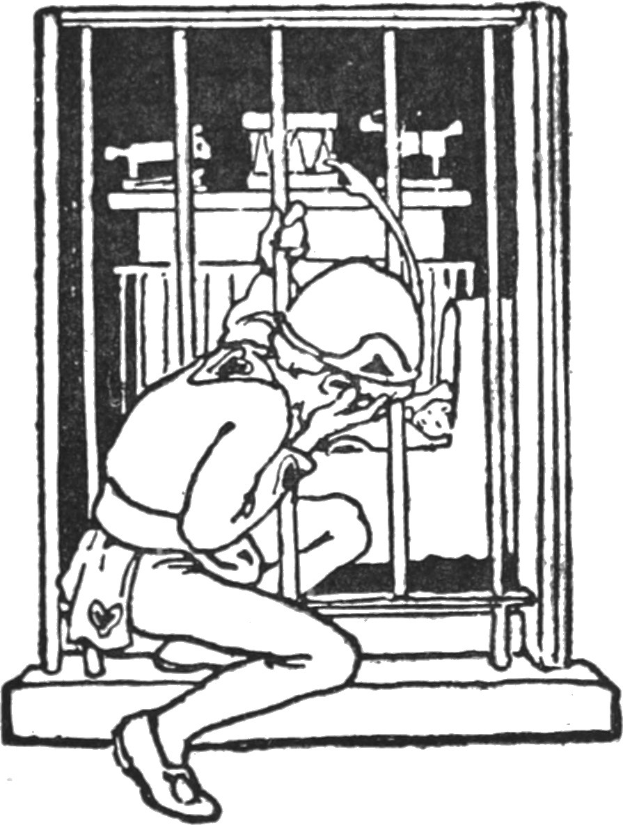 Schwarze und weiße Zeichnung eines Mannes in einer Gefängniszelle, der eine Uniform trägt und entschlossen durch ein Fenster im Hintergrund schaut.