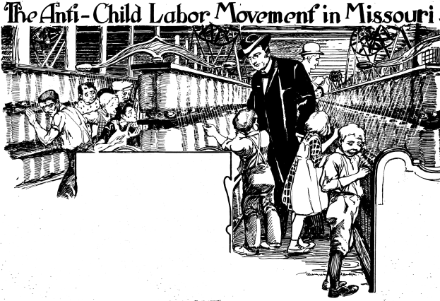 Plakat mit der Aufschrift "Die Anti-Kinderarbeit-Bewegung in Missouri" zeigt besorgte Menschen in traditioneller Kleidung, einige stehen, einige sitzen, mit Text oben und unten.