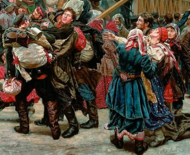 Ein Bild, das eine lebhafte Gruppe von Menschen in traditioneller russischer Kleidung tanzt, einige halten Gegenstände, vor einer Menge mit einem hölzernen Haus im Hintergrund, erweckt die Atmosphäre der russischen Revolution.