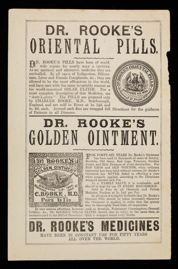 Anzeige für Dr. Brooke's Oriental Pills mit fetter Schrift und einem kreisförmigen Logo mit weißem Hintergrund und blauem Rand.