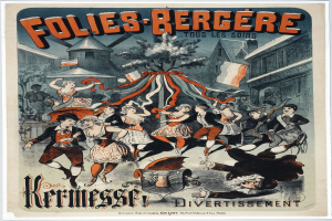 Plakat für das Folies Bergère-Festival in Paris, das Tänzerinnen im Vordergrund und Gebäude, Bäume und Fahnen im Hintergrund zeigt.