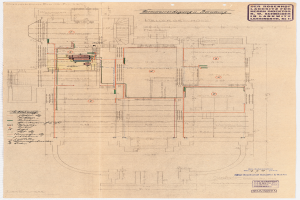 Ein detailliertes architektonisches Zeichnung des Rosenhof-Krankenhauses in Hamburg, Deutschland, das den Aufbau des Gebäudes mit zahlreichen Drähten und Text zeigt, der Räume, Flure und andere Merkmale beschreibt.