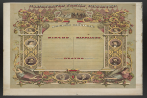 Illustrierter Familienbuch-Eintrag Heiratsurkunde mit schwarzem Hintergrund, mit Bildern von Menschen und Text 'Geburten, Hochzeiten, Tode.'