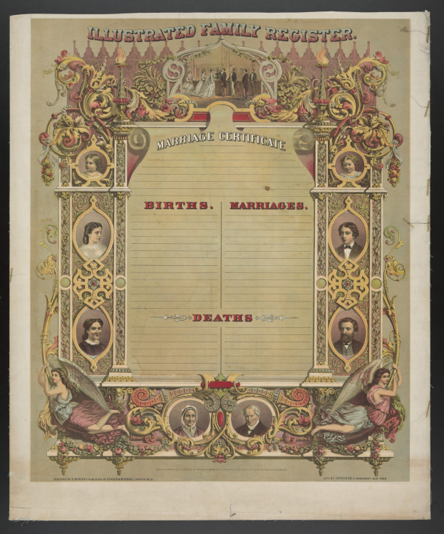 Illustrierter Familienbuch-Eintrag Heiratsurkunde mit schwarzem Hintergrund, mit Bildern von Menschen und Text 'Geburten, Hochzeiten, Tode.'