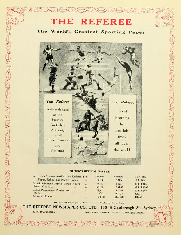 Eine Zeitung mit der Schlagzeile "Der Schiedsrichter - Die größte Sportzeitung der Welt" und einem Bild von verschiedenen Menschen.