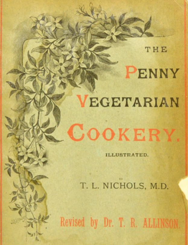 Bucheinband von "The Penny Vegetarian Cookery" mit einer leuchtend grünen Pflanze mit gelben und orangen Blättern, Titel in fetter schwarzer Schrift.