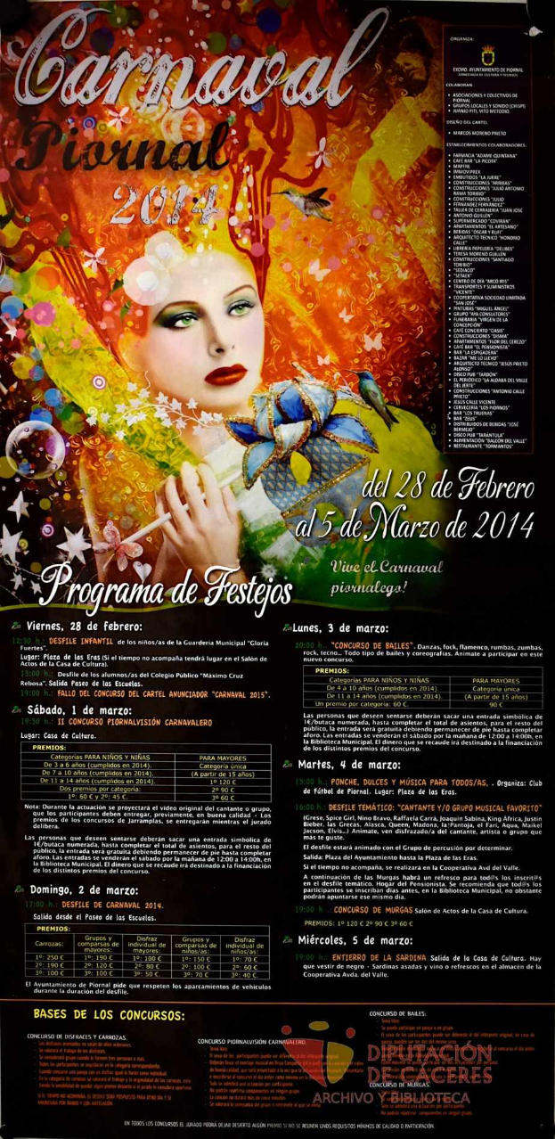 Eine Frau in einem bunten Kleid, die lacht, umgeben von schwarzem Text, der "Carnaval Festival 2014" auf einem leuchtend gelben Hintergrund liest.